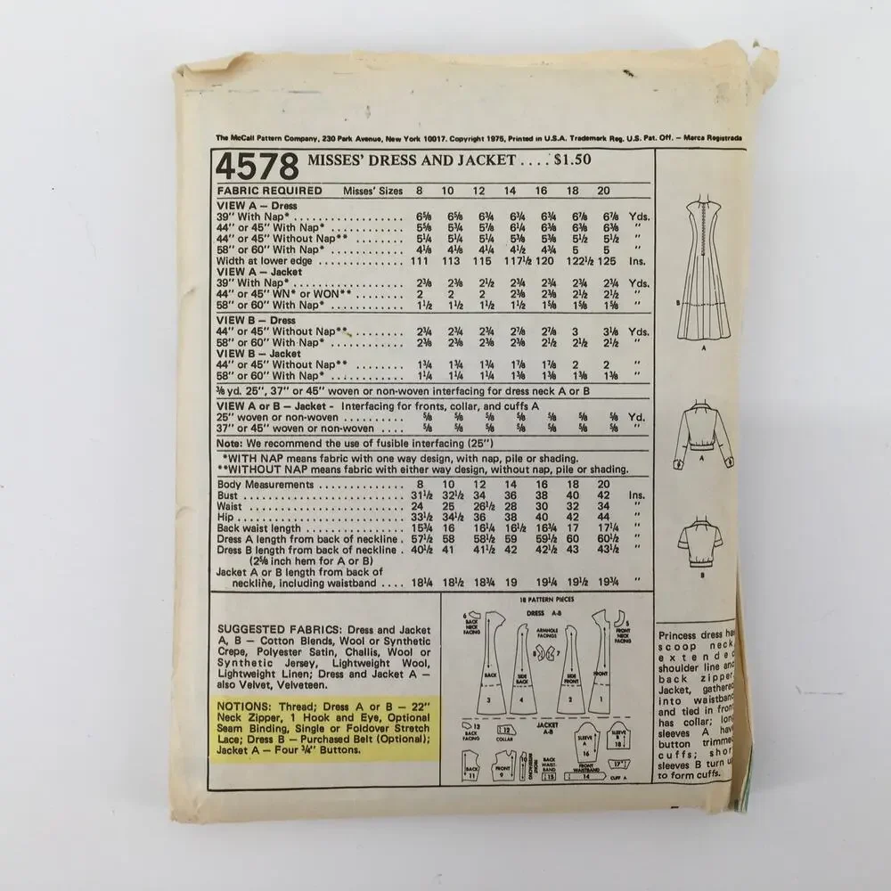 McCalls Sewing Pattern 4578 Pounds Lighter Dress and Jacket 1975 12/34 UNCUT